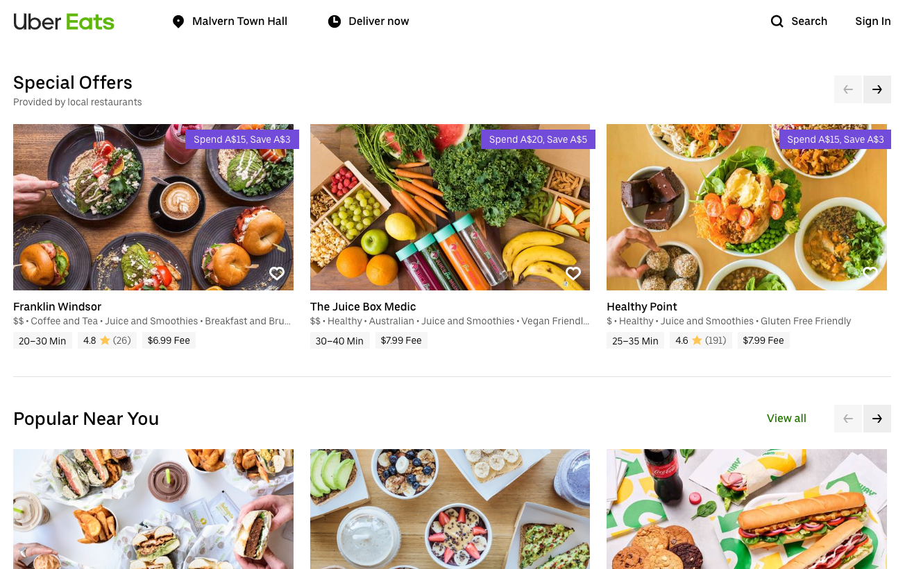Screenshot from UberEats.com recommendations page